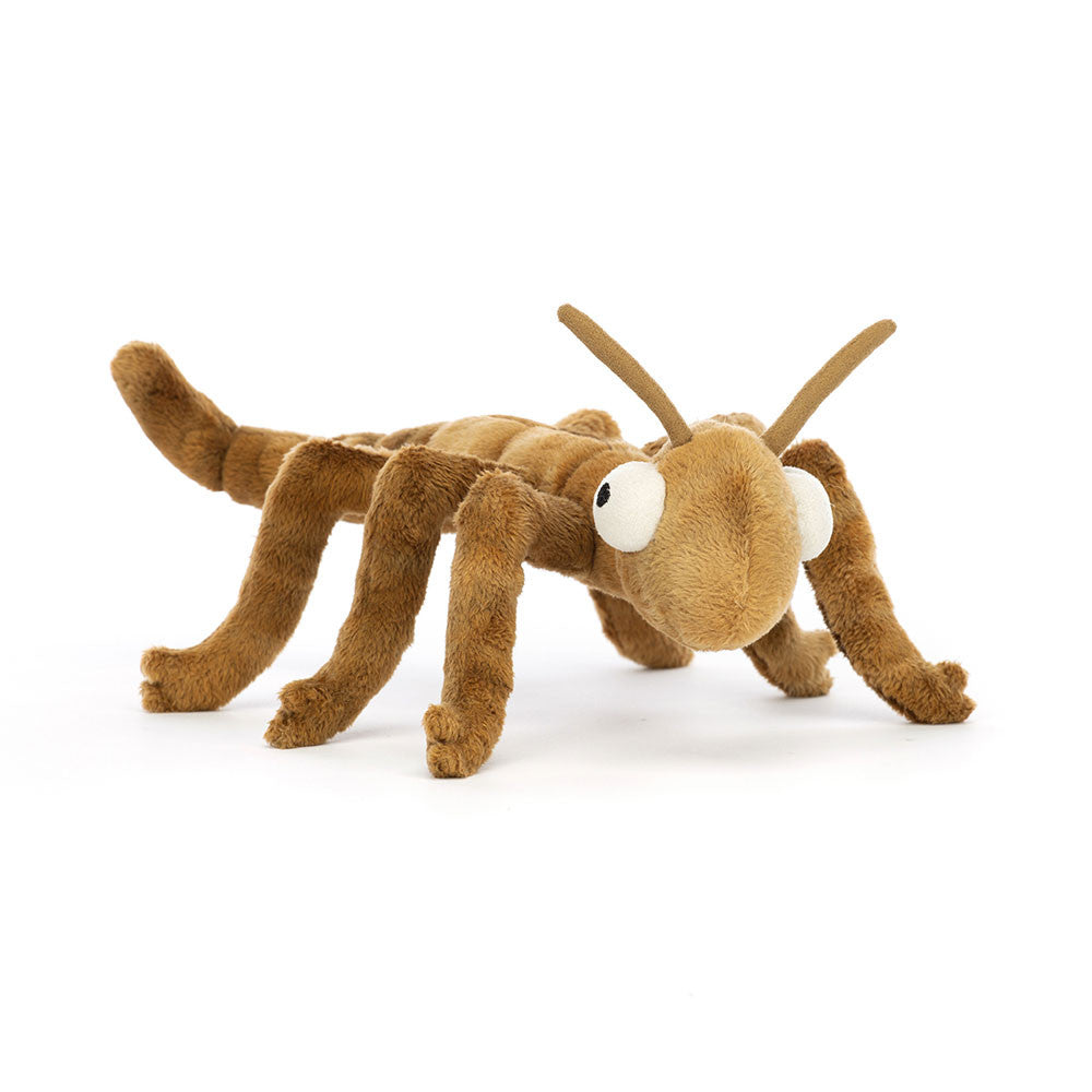Front View of Jellycat Stanley Stick Insect Plush – A soft, caramel-brown plush stick insect with big round eyes and poseable legs.