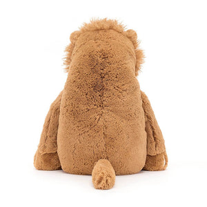 Behind View: Stellan Sabre Tooth Tiger by Jellycat is a gentle giant with a super-soft cinnamon coat and a long, huggable tail.