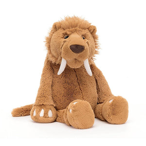 Angled View: Luxuriously soft Stellan Sabre Tooth Tiger by Jellycat. This cinnamon-colored plush features a playful pose, floppy paws, and a majestic mane.