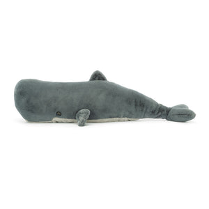 Side profile of the Jellycat Sullivan the Sperm Whale plush toy, showcasing its detailed fins and realistic features.