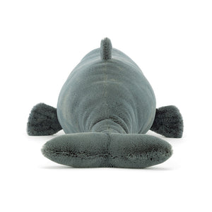 Back view of the Jellycat Sullivan the Sperm Whale plush toy, emphasizing its impressive size and tail.