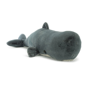  Jellycat Sullivan the Sperm Whale plush toy, angled view, showcasing its majestic size and mossy blue ocean-inspired colours.