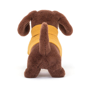 Back view of Jellycat Sweater Sausage Dog Yellow highlighting its knitted sweater and plush texture.