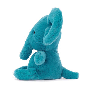 Side View:  Ready for pocket adventures! The Jellycat Sweetsicle Elephant boasts bold aqua fur, floppy ears, and a tickly tail. Perfect for on-the-go snuggles!