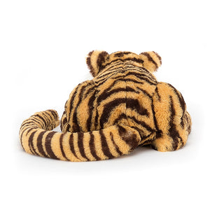 Back view: The purrfect cuddle buddy! Jellycat Taylor Tiger showcasing luxurious marble-cake fur.  (46cm x 14cm)