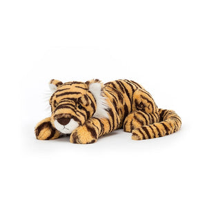 Angled view: Big cuddles for big cats! Jellycat Taylor Tiger features luxurious marble-cake fur, fluffy cheek tufts, and a cute button nose.(Large: 46cm x 14cm)
