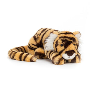 Angled view: Nap time for tigers! Jellycat Taylor Tiger features marble-cake fur, big cheek tufts, and a cute truffly nose.(Little: 29cm x 8cm)