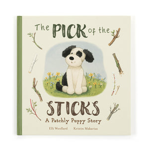 Front cover of the Jellycat The Pick of the Sticks book, featuring Patchly Puppy and highlighting the story's theme of finding the perfect stick.