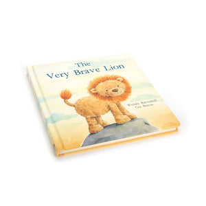 The Very Brave Lion Book by Jellycat, displayed flat. Admire the beautifully illustrated cover featuring a brave lion cub and his father.