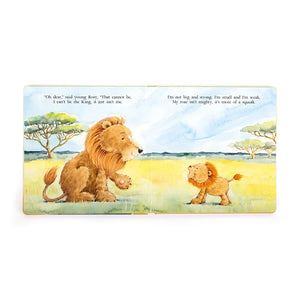 Open Page: The Very Brave Lion Book by Jellycat, showcasing a charming illustration and a snippet of the heartwarming poem about a brave lion cub and his father.