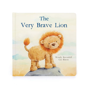 Front View: The Very Brave Lion Book by Jellycat stands tall, highlighting its comfortable size (23 cm x 23 cm) for little hands.