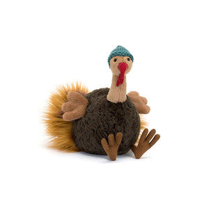 Jellycat Theo Turkey, a charming turkey with a knitted teal hat and a playful expression.