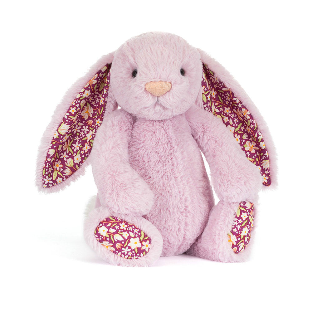 Jellycat Blossom Luxe Bunny front view with floral ears on white background