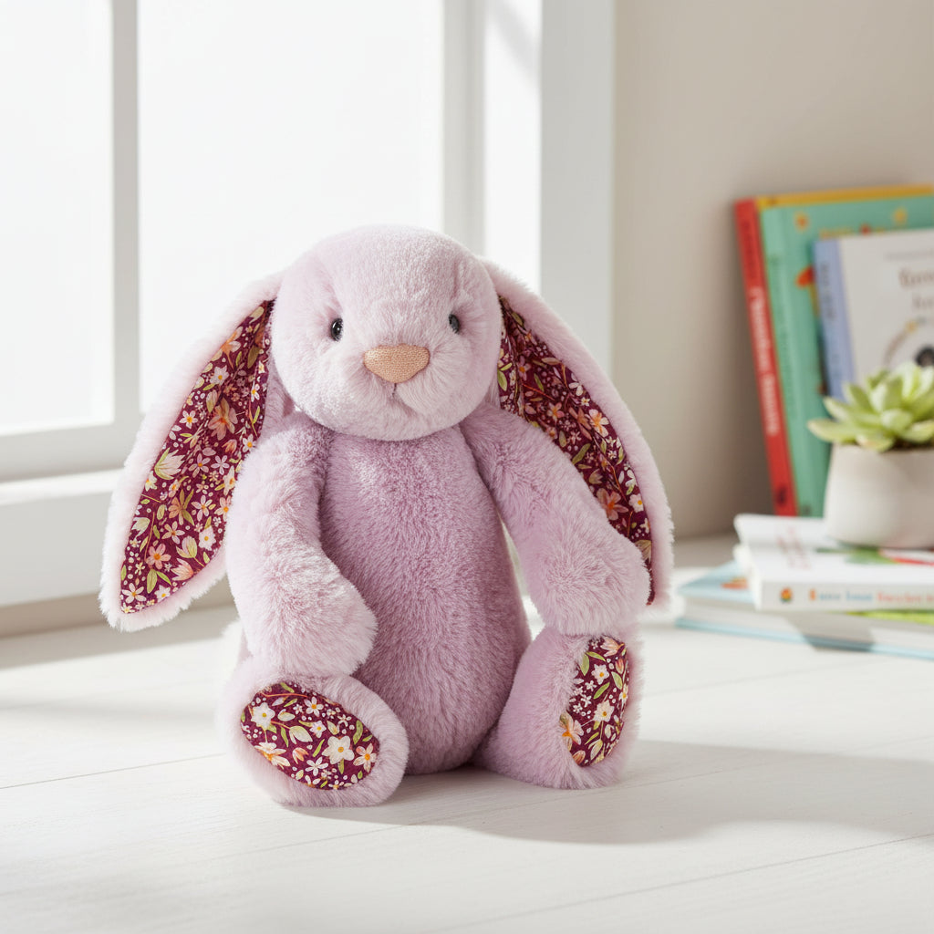 Jellycat Thistlepop Blossom Luxe Bunny pink plush in lifestyle setting