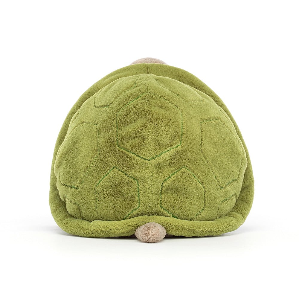 Back View: Jellycat Timmy Turtle displayed from behind, showcasing the textured green shell and a tiny squeezable little tail.