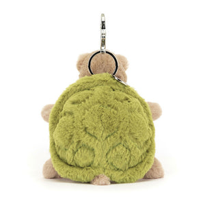 Back View: Backside of the Jellycat Timmy Turtle Bag Charm showcases the green textured fur shell.