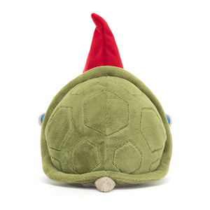 Back view of the Jellycat Timmy Turtle Gnome, highlighting the texture of his plush green shell.