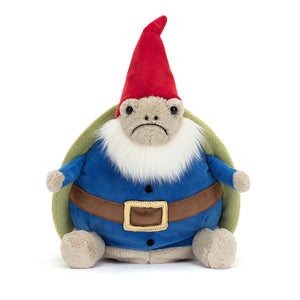 Front view of the Jellycat Timmy Turtle Gnome plush, highlighting his fluffy cream beard and grumpy stitched frown.

