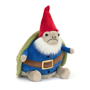 Jellycat Timmy Turtle Gnome plush, displayed at a playful angle, showcasing his blue tunic, green shell, and red hat.