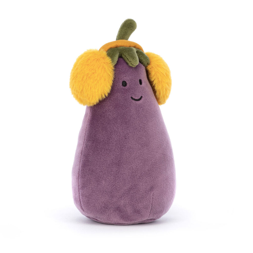 Front View: Jellycat Toastie Vivacious Aubergine plush toy standing upright with yellow earmuffs and a happy stitched smile.