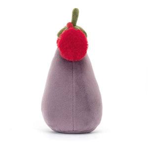 A side view of the Jellycat Toastie Vivacious Red Aubergine, showing its velvety fur and plump shape.