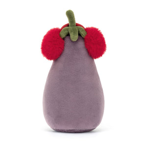 A back view of the Jellycat Toastie Vivacious Red Aubergine, highlighting its soft, red fur and embroidered stitching.