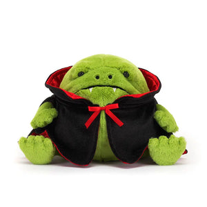 Straight: Huggable Jellycat Vampire Ricky Rain Frog (front view) with black cape & red satin lining. Unique Halloween decoration.