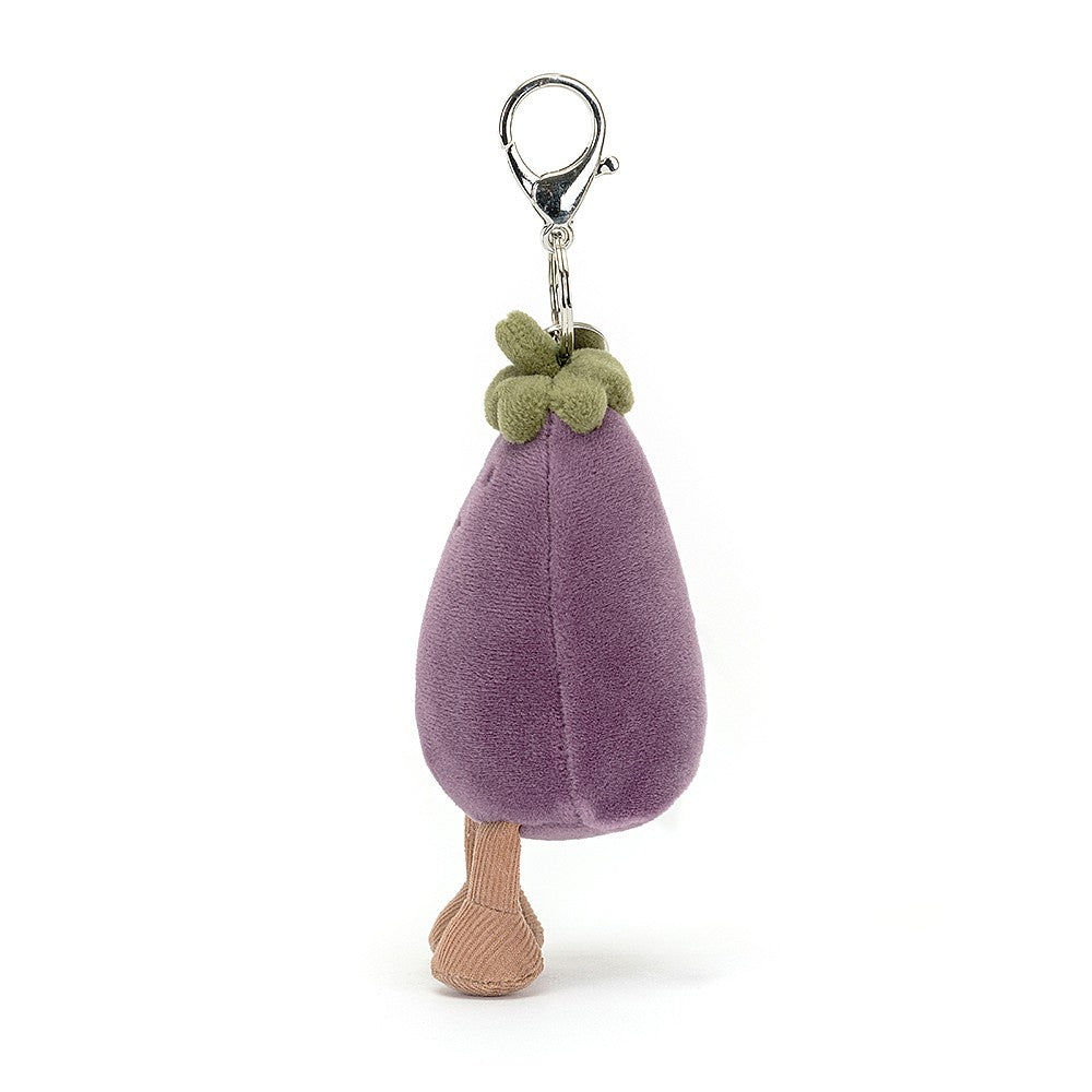 Side View:  Ready to add some veggie flair? The Jellycat Vivacious Aubergine Bag Charm features luxuriously soft purple fur, a vibrant green stalk, and a secure silver clip.