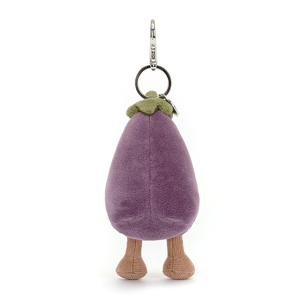Behind View:  Don't be fooled by the back! The Jellycat Vivacious Aubergine Bag Charm is all about playful fun with its luxuriously soft purple plush and secure silver clip. 