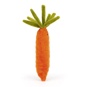 Jellycat Vivacious Vegetable Carrot plush toy, side view, soft orange carrot with green leaf.