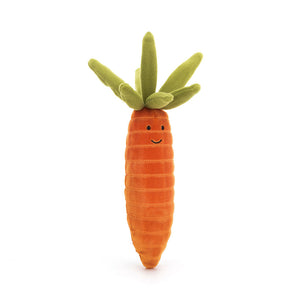 Jellycat Vivacious Vegetable Carrot, slightly angled view, soft orange carrot with green leaf, baby-safe soft toy.