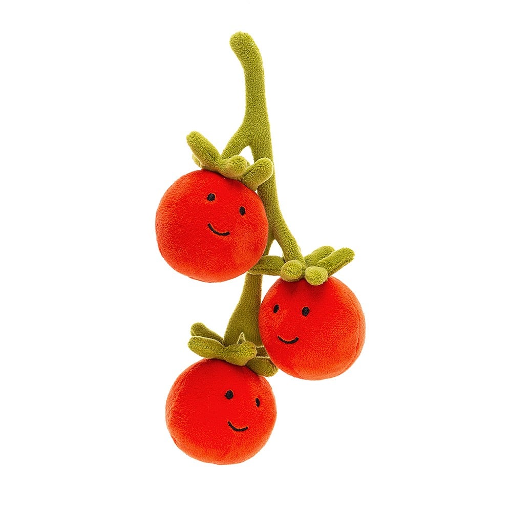 Hanging View:  Ready for playtime! The Jellycat Vivacious Vegetable Tomato pals boast vibrant colors, soft green leaves on a vine, and cheerful faces. Perfect for veggie adventures! 