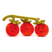 Straight On: Giggly veggie bunch! The Jellycat Vivacious Vegetable Tomato trio features bright smiles, soft green leaves, and a plump, huggable design. 
