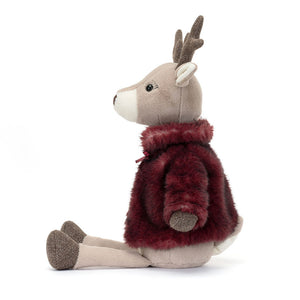 Side: Side view of Jellycat Vivien Reindeer plush toy, showing her sparkling mocha hooves and the texture of her coat.