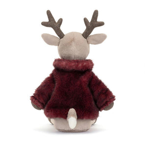 Behind: Back view of Jellycat Vivien Reindeer plush toy, showcasing the full length of her praline antlers and the detail of her coat.