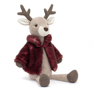 Product slightly to an angle: Jellycat Vivien Reindeer plush toy in profile, wearing her berry coat and showcasing her praline antlers.