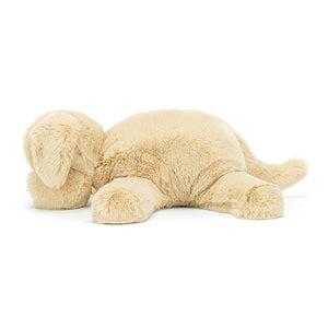 Side view of playful pup! Jellycat's Wanderlust Puppy showcases his soft fur, wagging tail, & chunky body from the side. Ready for playtime!