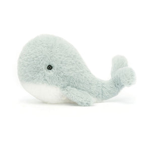Side View: The Jellycat Wavelly Whale Grey (13cm x 8cm) features super soft fur and a peaceful expression, making it the perfect cuddly companion for bedtime.