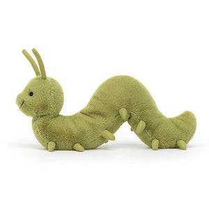 A side view of the green Jellycat Wriggidig Caterpillar, showcasing its segmented body and soft, plush texture.