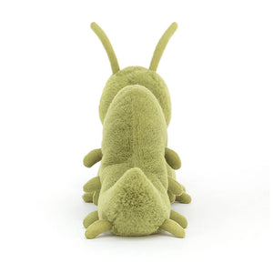 The back of the green Jellycat Wriggidig Caterpillar, featuring the same vibrant green colour and textured segments.