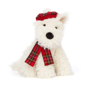 Front: Bundle up for winter cuddles with Munro, the Jellycat Winter Warmer Scottie Dog! He's sporting a festive tartan tam and scarf to keep the chills away.