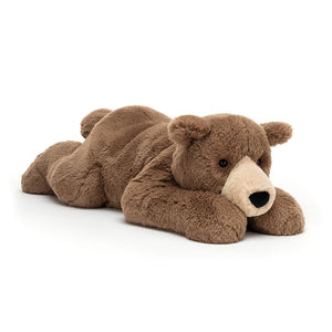 Angled View: Snuggle Time with Woody Bear! (47 cm x 19 cm) - This super soft teddy bear features scrumptious fudge fur, a butterscotch snout, and is perfect for cuddles of all ages!