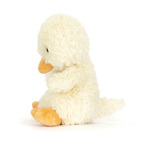 Side view of Jellycat Yummy Duckling plush toy, soft yellow fur, golden beak and feet.