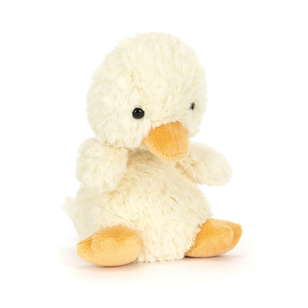 Jellycat Yummy Duckling plush toy, soft yellow fur, golden beak and feet, waddle-ready pose.