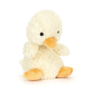 Jellycat Yummy Duckling plush toy, soft yellow fur, golden beak and feet, waddle-ready pose.