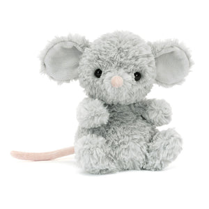 Front view of Jellycat Yummy Mouse plush toy with soft grey fur and pink nose.