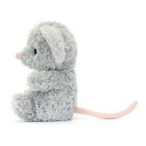 Side view of Jellycat Yummy Mouse showing its fluffy tail and tiny paws.