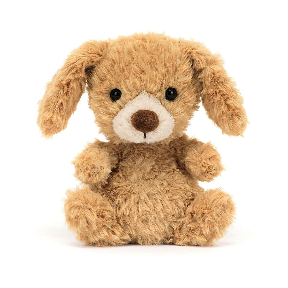 Sitting straight on the Jellycat Yummy Puppy children's soft toy has his little paws sitting out in front of him. 