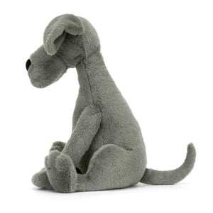 Side View: Side profile of the cuddly Jellycat Zeus Great Dane. Highlights the impressive size (suitable for all ages!), the soft, huggable form, and the adorable details like the floppy ears and stitched paws. A gentle giant for big cuddles! 