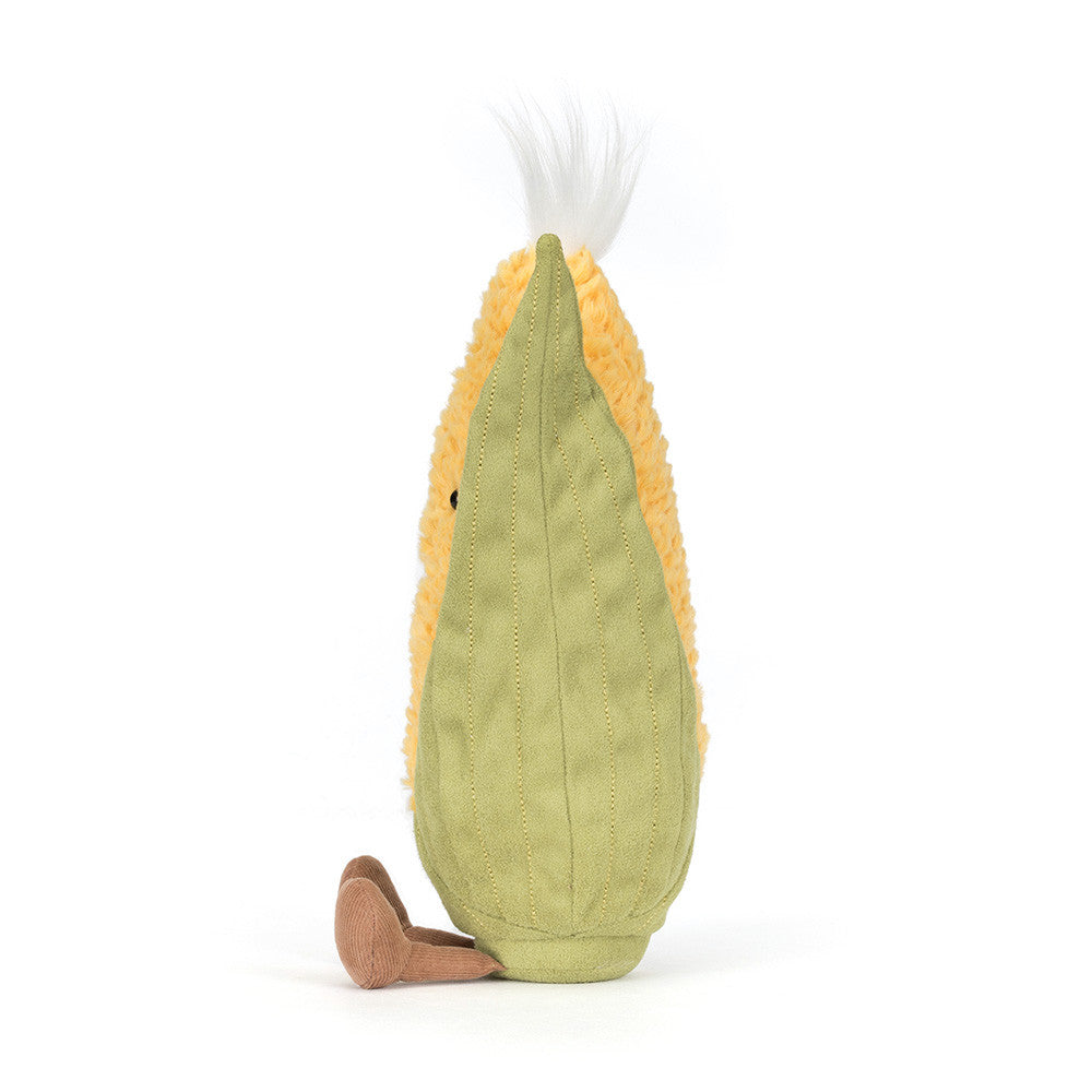 Jellycat sweetcorn plush side view showing green husk on white background